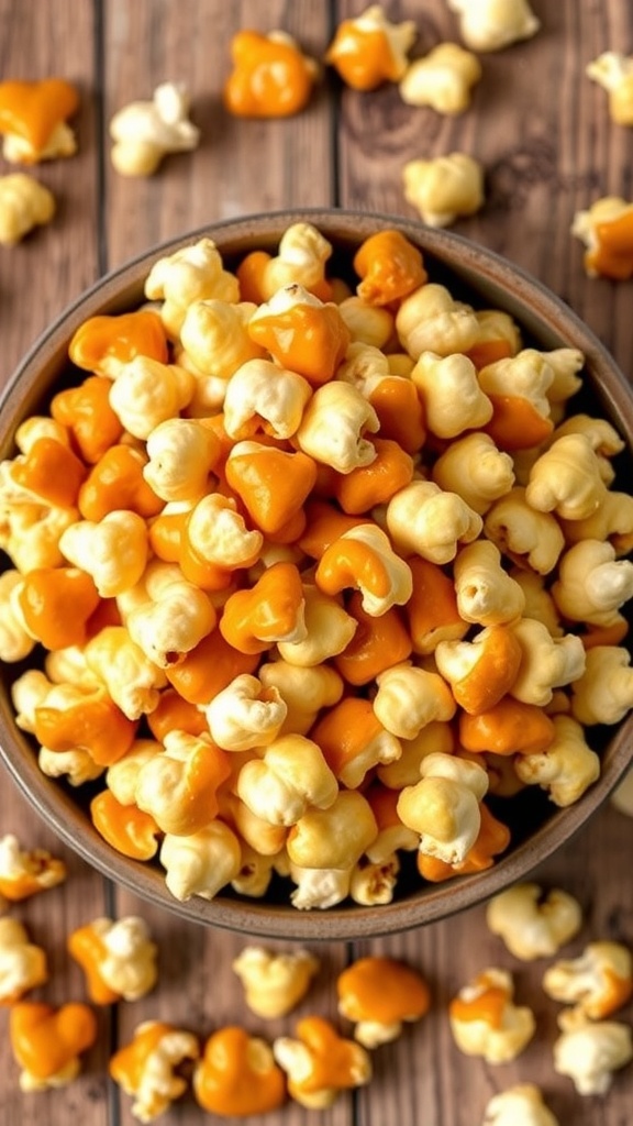 A bowl of caramel corn with a shiny caramel coating on a wooden table.